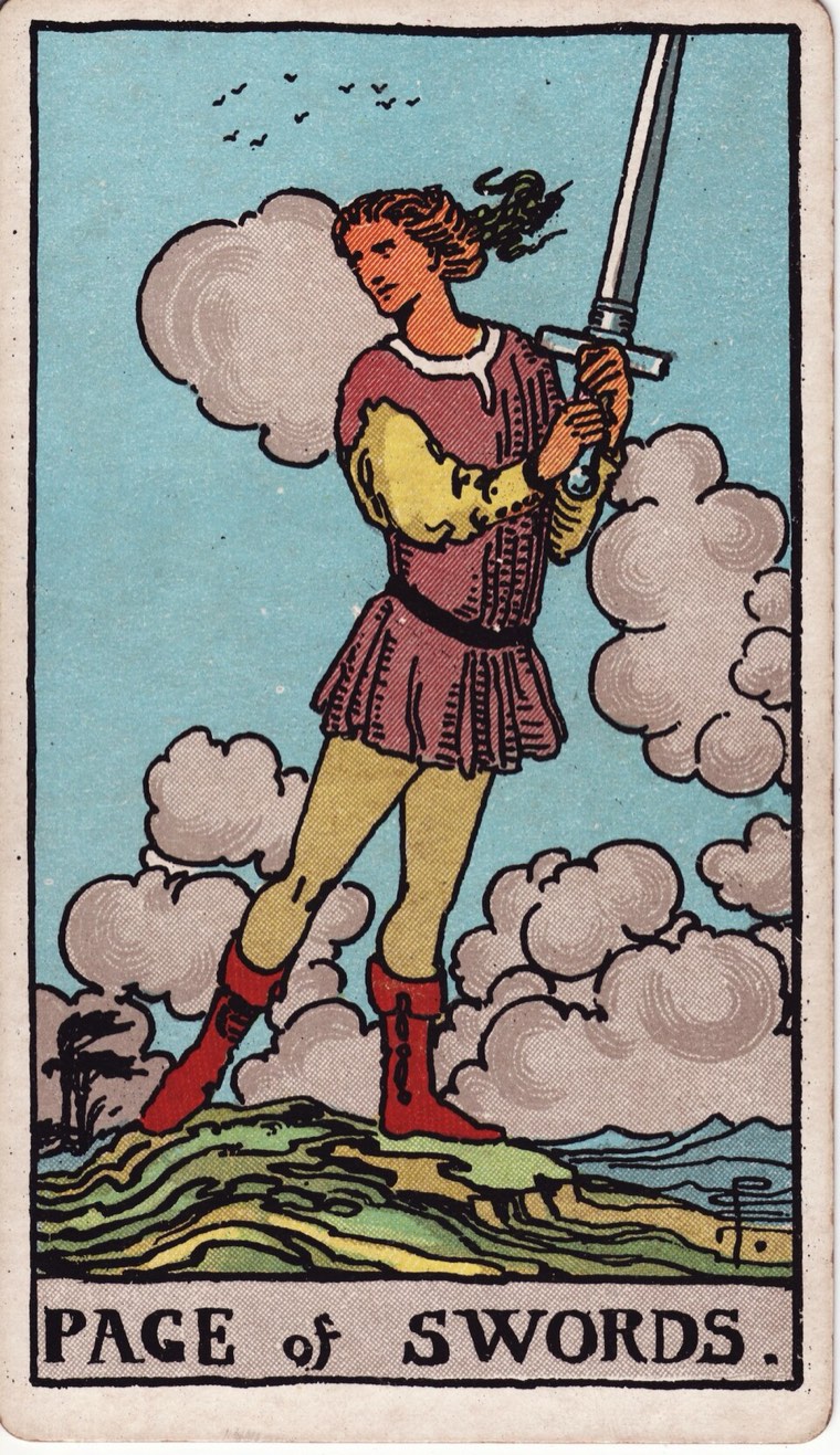 Page of Swords in the Waite–Smith 1909 deck: young or novice watcher, one raised sword, alert stance, moving air