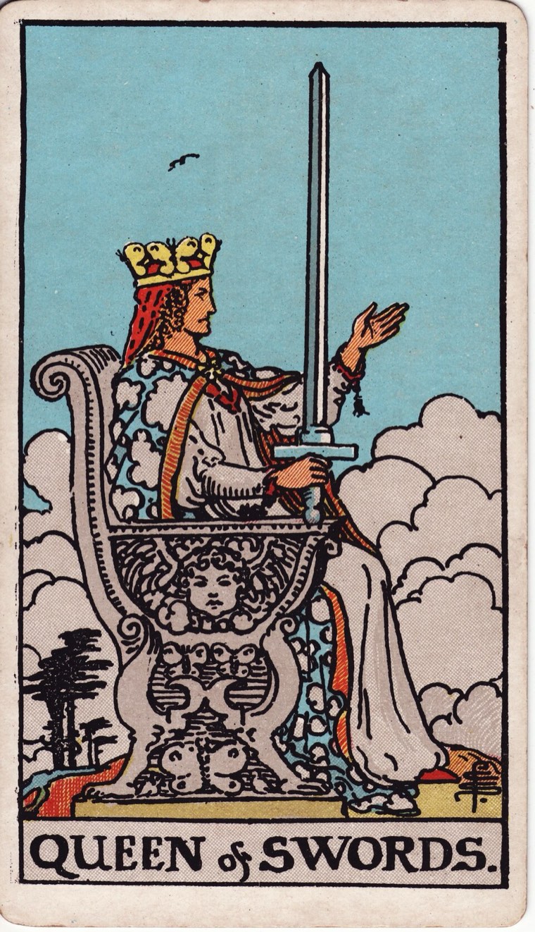 Queen of Swords in the Waite–Smith 1909 deck: clear-eyed authority, one upright sword, one open or inviting hand, wind or clear air