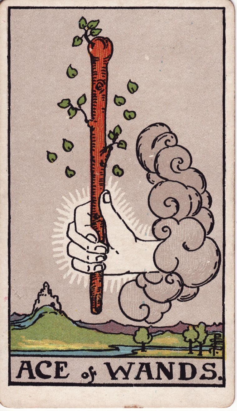 Ace of Wands in the Waite–Smith 1909 deck: one living wand offered or emerging, new growth, open landscape or future