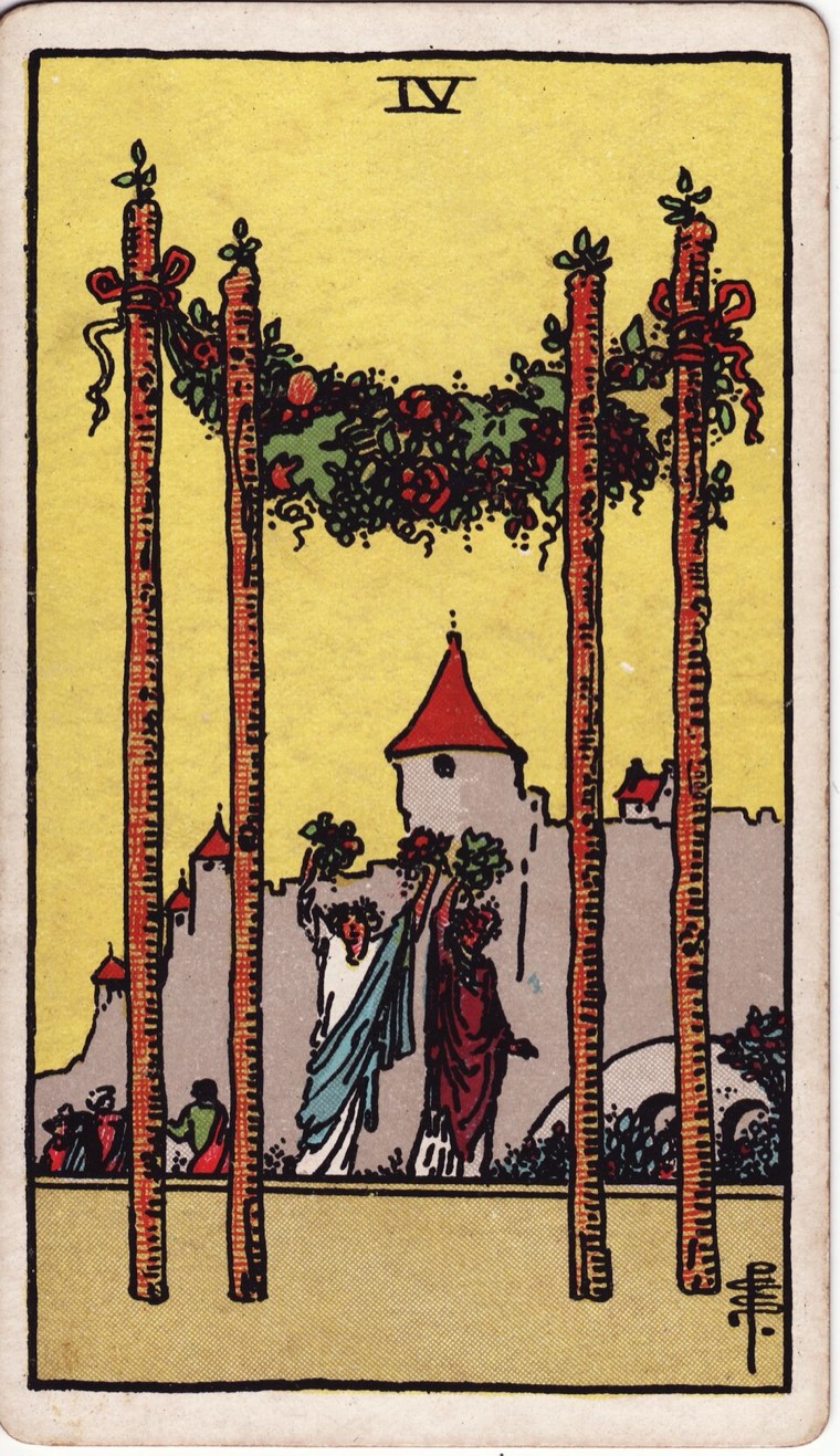 Four of Wands in the Waite–Smith 1909 deck: four-wand gateway or stable structure, welcoming community, festive home threshold