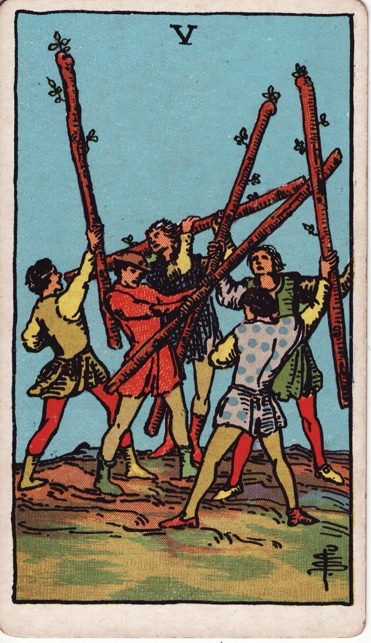 Five of Wands in the Waite–Smith 1909 deck: multiple participants with crossed aims, nonlethal contest or confusion, no clear victor