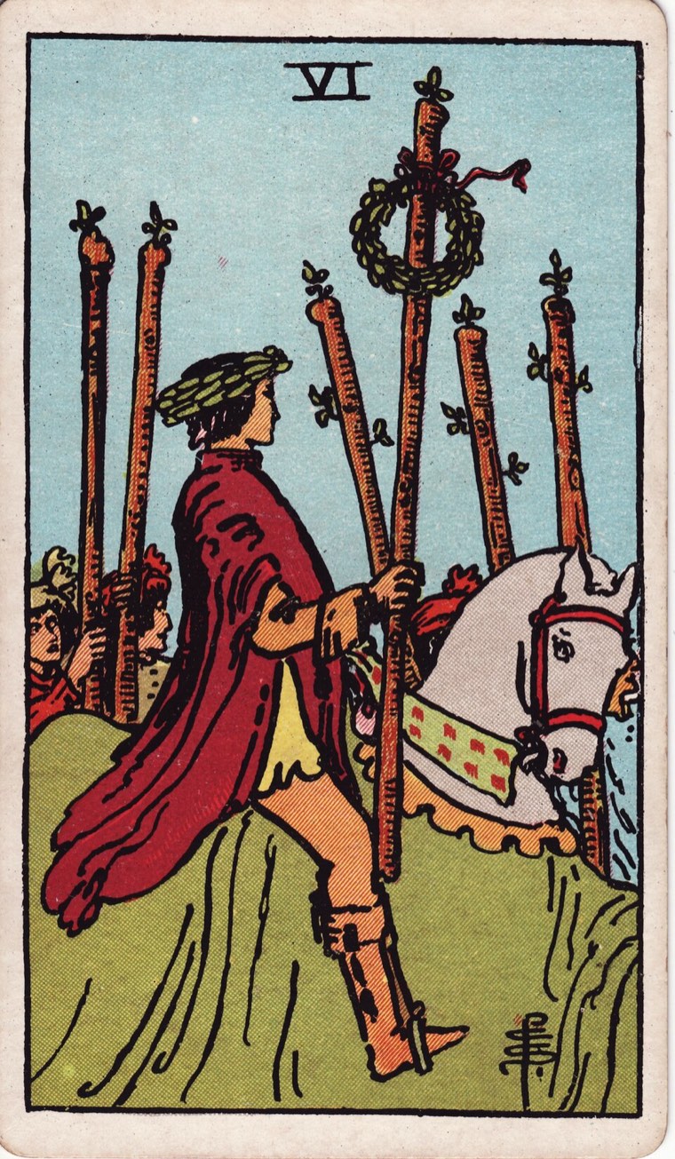 Six of Wands in the Waite–Smith 1909 deck: recognized central figure, community witness, victory marker
