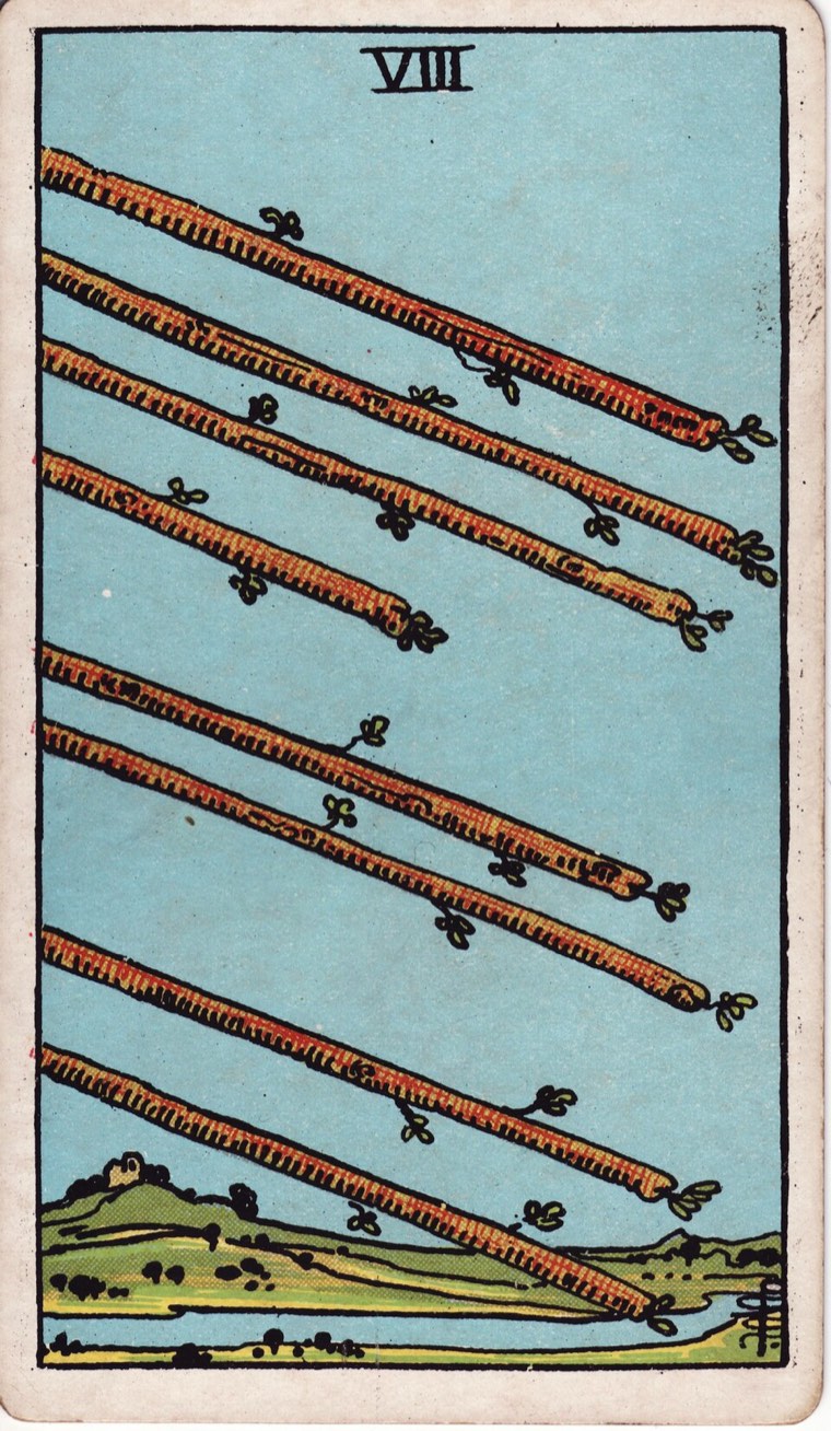 Eight of Wands in the Waite–Smith 1909 deck: eight parallel moving wands, clear direction, open destination