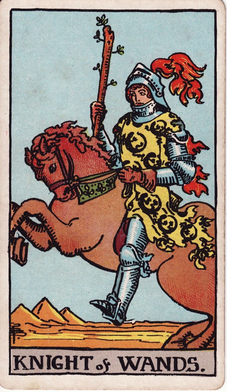 Knight of Wands in the Waite–Smith 1909 deck: mounted or rapidly moving agent, one wand, energetic forward action