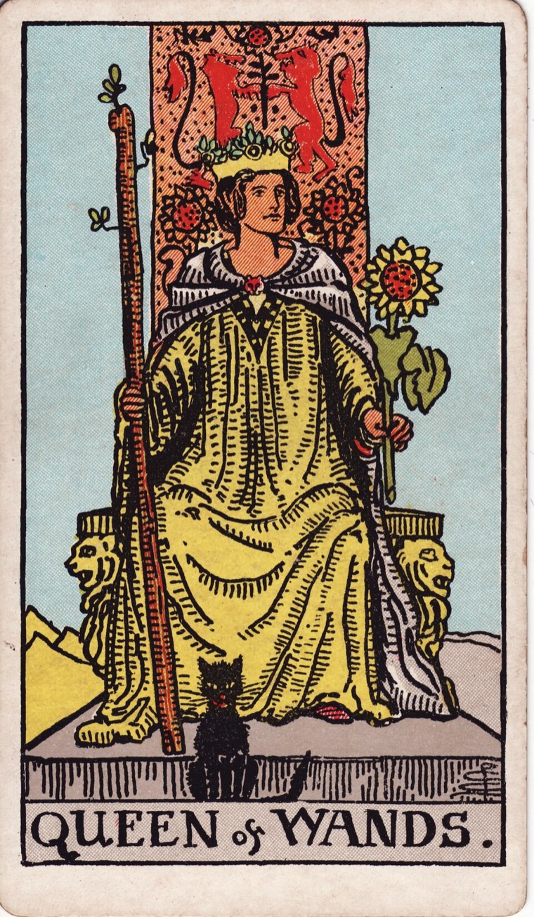 Queen of Wands in the Waite–Smith 1909 deck: warm self-possessed authority, one wand, solar growth cue, independent animal or shadow cue